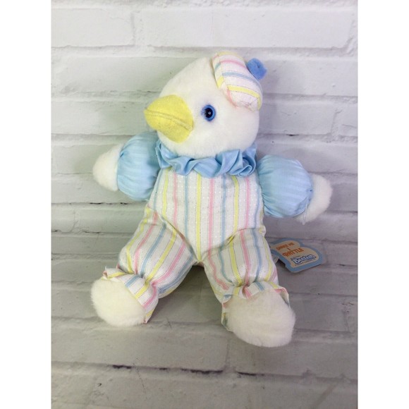 Vintage Bantam Duck Blue Eyes Striped Pastel Outfit Hat Plush Stuffed Animal Toy
